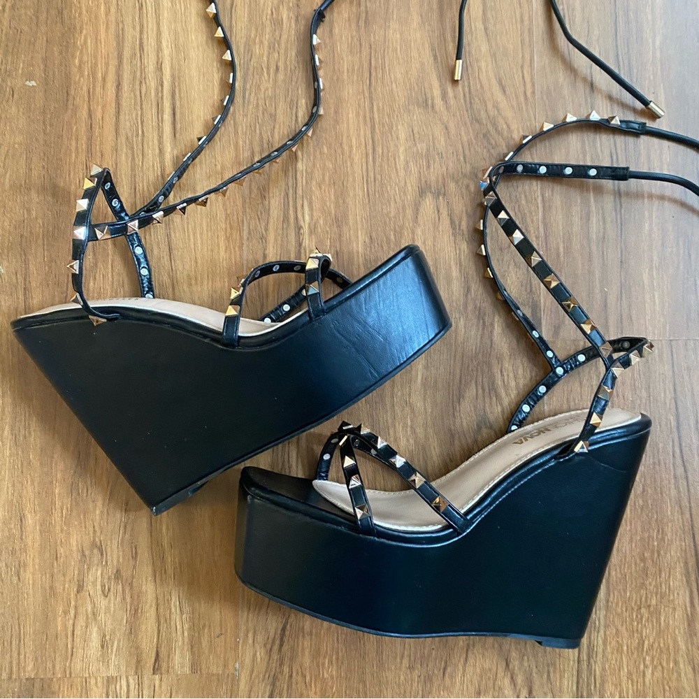 Black Studded Platform Wedge Sandals